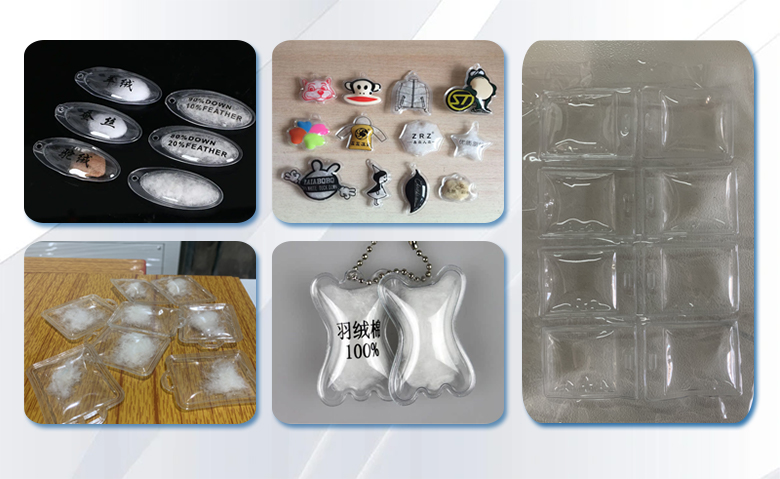 揭陽雙頭腳踏式高周波機壓出的羽絨服標(biāo)成品圖